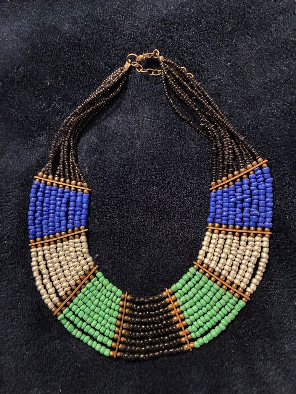 Multistrand Beaded Statement Necklace in Blue, Green, Cream & Black